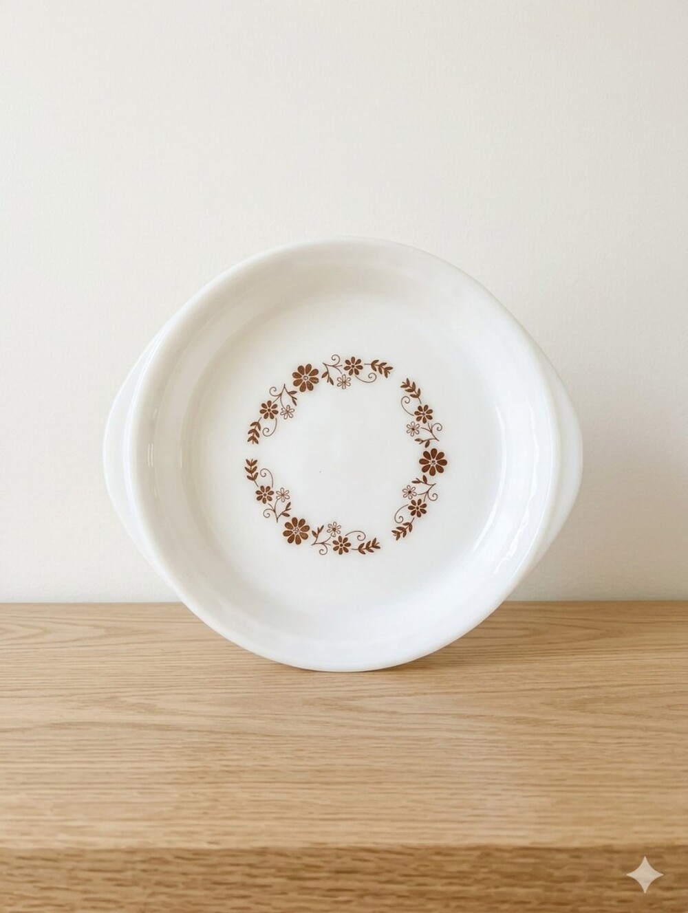 Vintage Dynaware Pyrorey Brown Floral Baking Dish – 1970s Milk Glass Ovenware